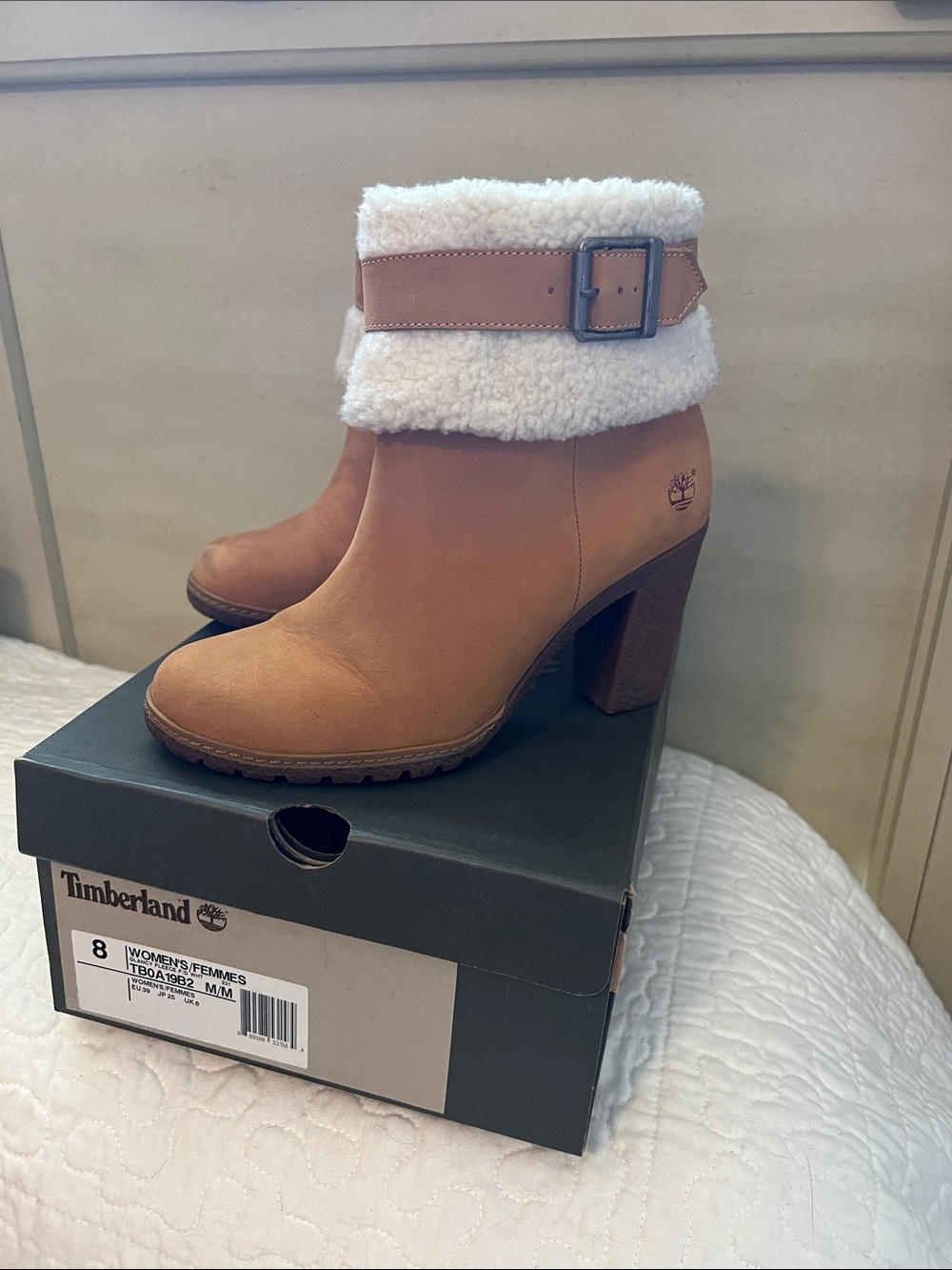Timberland Tan Shearling-Cuff Block Heel Ankle Boots